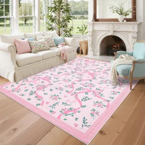Floral Rug Pink 10x13 Large Washable Non-Slip Ultra-Thin Faux Wool Botanical Print Living Room Bedroom Nursery