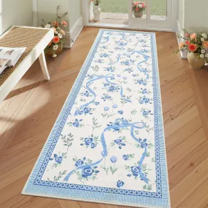 Hallway Runner Rug Non Slip Floral Bow Design Soft Faux Wool Machine Washable 2x6 Kitchen Bedroom Dorm