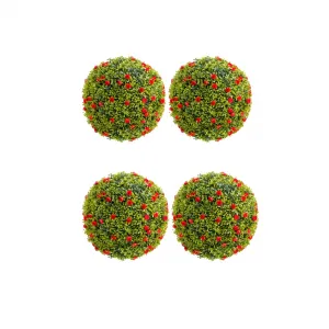 12.6" Artificial Plant Topiary Ball Set of 4 with Red Flowers for Indoor Outdoor Porch Balcony Home Decor