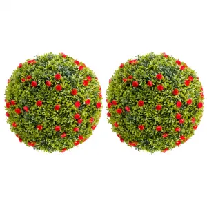 22.4" Artificial Plant Topiary Ball Set of 2 with Red Flowers for Indoor Outdoor Porch Balcony Home Decor