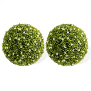 16.5" Artificial Plant Topiary Ball Set of 2 with White Flowers for Indoor Outdoor Porch Balcony Home Decor