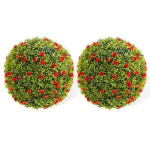 16.5" Artificial Plant Topiary Ball Set of 2 with Red Flowers for Indoor Outdoor Porch Balcony Home Decor