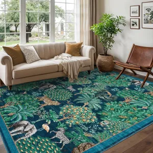 Jungle Animal Print Area Rug 10x13 - Soft, Non-Slip, Washable Low Pile Carpet - Durable, Hypoallergenic - Living Room, Bedroom, Playroom