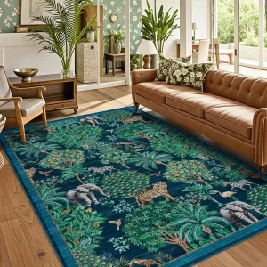 Jungle Animal Print Rug 5x7 Washable Non-Slip Faux Wool Low Pile Stain Resistant for Living Room Bedroom Nursery