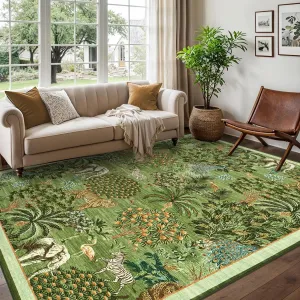 5x7 Floral Jungle Area Rug - Washable, Stain Resistant - Faux Wool, Low Pile - Non-Slip, Kid Friendly - Light Green - Living Room, Bedroom