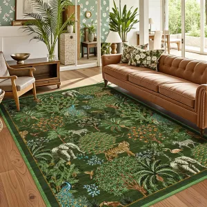Jungle Animal Print Rug 5x7 Washable Non-Slip Faux Wool Low Pile Stain Resistant for Living Room Bedroom Nursery