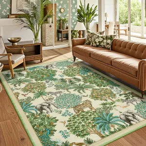 5x7 Floral Area Rug with Jungle Print, Washable Stain Resistant, Faux Wool, Non-Slip TPR Backing, Low Pile, Beige, Living Room Bedroom