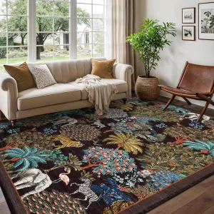 5x7 Floral Jungle Rug for Living Room, Washable Stain Resistant, Low-Pile Faux Wool, Non-Slip TPR Backing, Kid Pet Friendly, Bedroom Dining