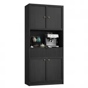 70" Kitchen Pantry Cabinet in Grille Design with Doors and Drawer, Black
