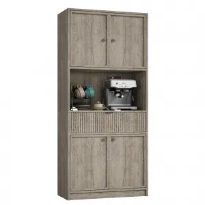 70" Kitchen Pantry Cabinet in Grille Design with Doors and Drawer, Grey