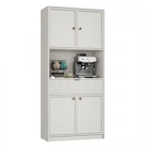 70" Kitchen Pantry Cabinet in Grille Design with Doors and Drawer, White
