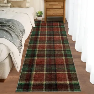 Washable 2x6 Runners Rug Non Slip Bath Mat Soft Bedroom Rug Tartan Plaid Runner Farmhouse Kitchen Rugs 2'x6' Red&Green