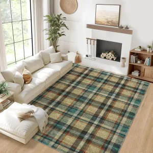 Washable Area Rug 5x7 Non Slip Modern Plaid Soft Low Pile Brown Beige for Living Room Bedroom Nursery Dining Room