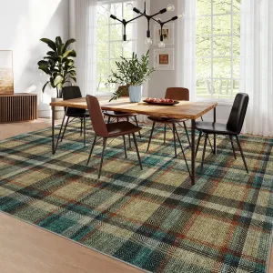 Washable Area Rug 10x13 Brown & Beige - Modern Plaid Non Slip Soft Low Pile Carpet for Living Room, Bedroom, Dining Room, Office, Nursery
