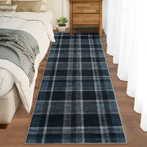 Washable 2x6 Runners Rug Non Slip Bath Mat Modern Soft Bedroom Rug Tartan Plaid Runner Farmhouse Kitchen Rugs Entryway Runners Stain Resistant 2'x6' Grey & Blue