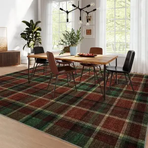 Washable 9x12 Area Rug Modern Plaid Rugs for Living Room Bedroom Red & Green