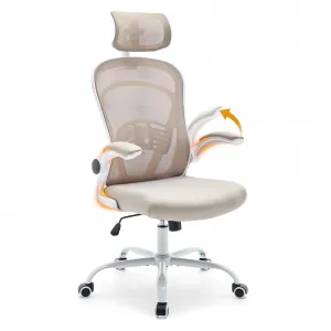 Ergonomic Office Chair, 300 LBS Capacity, High Back Mesh Desk Chair with Wheels, Flip-Up Armrests, Comfortable Lumbar Support Gaming Chairs for Home Office, Bedroom, Study, Beige