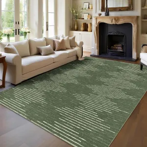 9x12 Living Room Rug Non-Slip Washable Low Pile Stain-Resistant Diamond Stripes Green