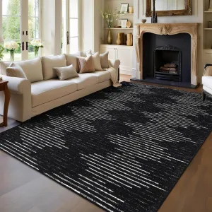 9x12 Living Room Rug Non-Slip Washable Striped Area Rug Black and White