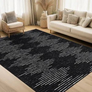 8x10 Washable Living Room Rug Low Pile Diamond Stripes Area Rug for Bedroom Dining Room Black and White