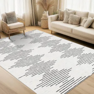 5x7 Washable Striped Rugs for Living Room Bedroom Office, Non-Slip Stain-Resistant Low Pile Beige Farmhouse Area Rug