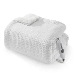 Electric Heated Throw Blanket, Waffle Textured Heating Blanket, Plush Flannel & Sherpa for Sofa, 4 Heat Levels, 4-Hour Auto Shut Off, Machine Washable, 50" x 60", White