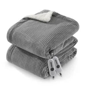 Heated Blanket Queen Size with Dual Control, Waffle Electric Blankets with ETL Certified, Soft Flannel Heating Blanket, 4 Heating Levels, 10 Hours Auto Off, Grey, 84"x90"