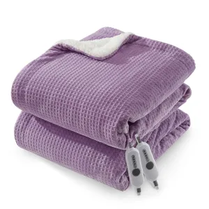 Heated Blanket Queen Size with Dual Control, Waffle Electric Blankets with ETL Certified, Soft Flannel Heating Blanket, 4 Heating Levels, 10 Hours Auto Off, Purple, 84" x 90"