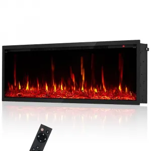 50 Inch Electric Fireplace Wall Mounted & Recessed Ultra-Thin 4.2" Linear Heater 750W/1500W 12 Color Flames Log & Crystal Remote Control Living Room