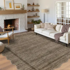 8x10 Scalloped Area Rugs for Living Room Washable Modern Bordered Soft Large Non-Slip Carpet Stain Resistant Thin Floor Carpets for Bedroom Farmhouse Nursery Home Office Dark Brown
