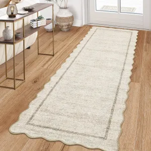 Scalloped Runner Rug 2x6 Beige Non-Slip Washable Stain Resistant Soft Fiber for Kitchen Entryway Bedroom