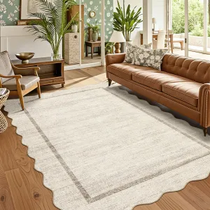 8x10 Scalloped Area Rugs for Living Room Washable Modern Bordered Soft Large Non-Slip Carpet Stain Resistant Thin Floor Carpets for Bedroom Farmhouse Nursery Home Office Beige