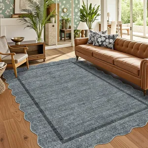 Scalloped Area Rug 4x6 Washable Non Slip Stain Resistant Indoor Carpet Cream Color