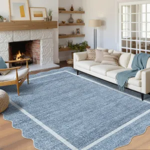 Extra Large Washable Rug 10x13 Scalloped Washable Rug with Non Slip TPR Backing, Soft Non Shedding Neutral Carpet, Indoor Low Pile Thin Foldable Mat, Modern Carpet for Open Space, Blue