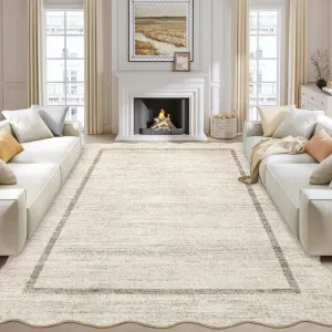 Scalloped Washable Rug 10x13 Beige Non Slip Low Pile Area Rug for Bedroom Living Room Dining Room