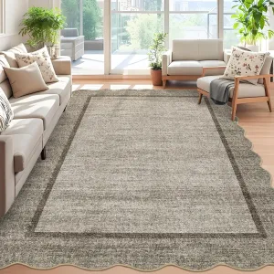 Scalloped Washable Rug 6x9 Brown Non Slip Soft Low Pile Stain Resistant Large Area Rug for Living Room Bedroom Nursery Classroom