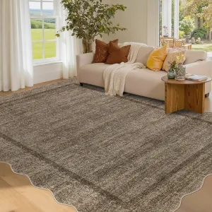 Extra Large Washable Rug 10x13 Scalloped Washable Rug with Non Slip TPR Backing, Soft Non Shedding Neutral Carpet, Indoor Low Pile Thin Foldable Mat, Modern Carpet for Open Space, Dark Brown