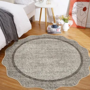 Washable Rug 4x4 Round Rug with Non Slip TPR Rubber Backing, Neutral Entryway Mat, Soft Non Shedding Floor Covering, Indoor Low Pile Thin Foldable Carpet for Nursery Nook, Brown