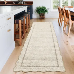 Long Runner Rug 2x10 Scalloped Runner Neutral Accent Rug with Non Slip TPR Backing, Low Pile Thin Kitchen Mats, Soft Non Shedding Floor Covering, Indoor Carpet for Hallway, Beige