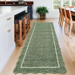 Long Runner Rug 2x10 Scalloped Runner Neutral Accent Rug with Non Slip TPR Backing, Low Pile Thin Kitchen Mats, Soft Non Shedding Floor Covering, Indoor Carpet for Hallway, Green