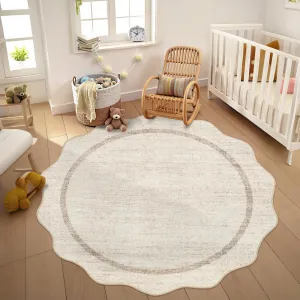 Washable Rug 4x4 Round Rug with Non Slip TPR Rubber Backing, Neutral Entryway Mat, Soft Non Shedding Floor Covering, Indoor Low Pile Thin Foldable Carpet for Nursery Nook, Beige