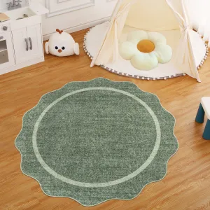 Washable Rug 4'-Round Rug with Non Slip TPR Rubber Backing, Neutral Entryway Mat, Soft Non Shedding Floor Covering, Indoor Low Pile Thin Foldable Carpet for Nursery Nook, Green