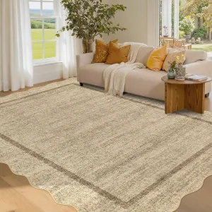 Extra Large Washable Rug 10x13 Scalloped Washable Rug with Non Slip TPR Backing, Soft Non Shedding Neutral Carpet, Indoor Low Pile Thin Foldable Mat, Modern Carpet for Open Space, Camel