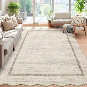 Scalloped Large Living Room Area Rug 6x9 Beige - Machine Washable, Non-Shedding, Low Pile, Neutral Modern Rug for Bedroom, Nursery, Classroom, Dorm