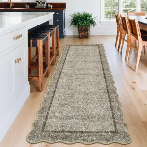 Long Runner Rug 2x10 Scalloped Runner Neutral Accent Rug with Non Slip TPR Backing, Low Pile Thin Kitchen Mats, Soft Non Shedding Floor Covering, Indoor Carpet for Hallway, Brown