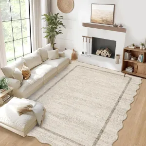 Scalloped Washable Rugs 9x12 Area Rug Non Slip Soft Stain Resistant Carpet Beige