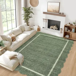 Scalloped Rug 3x5 Washable Area Rug for Entryway with Non Slip TPR Backing, Soft Non Shedding Foyer Mat, Low Pile Thin Floor Covering, Neutral Carpet for Entry Laundry, Green