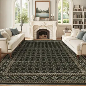 Black Washable Rug 9x12 with Modern Geometric Pattern Non Slip Stain Resistant for Living Room Bedroom Nursery