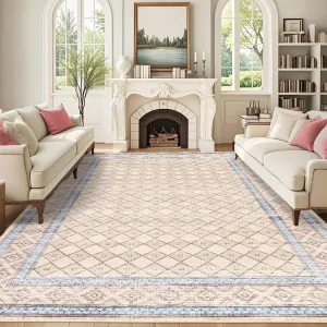 9x12 Machine Washable Rugs for Living Room with Non Slip Backing, Modern Beige Carpet for Bedroom and Office