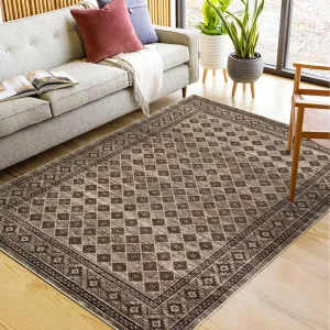 Washable Living Room Rugs 8x10 Large Modern Bordered Floor Cover Brown Non-Slip Trellis Checkered Accent Carpet